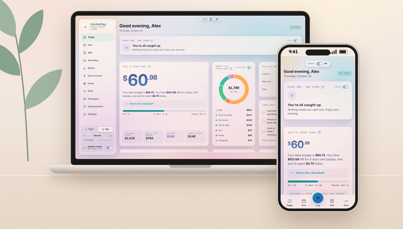GentleDay Budget on a laptop and phone, showing $60.98 safe to spend today